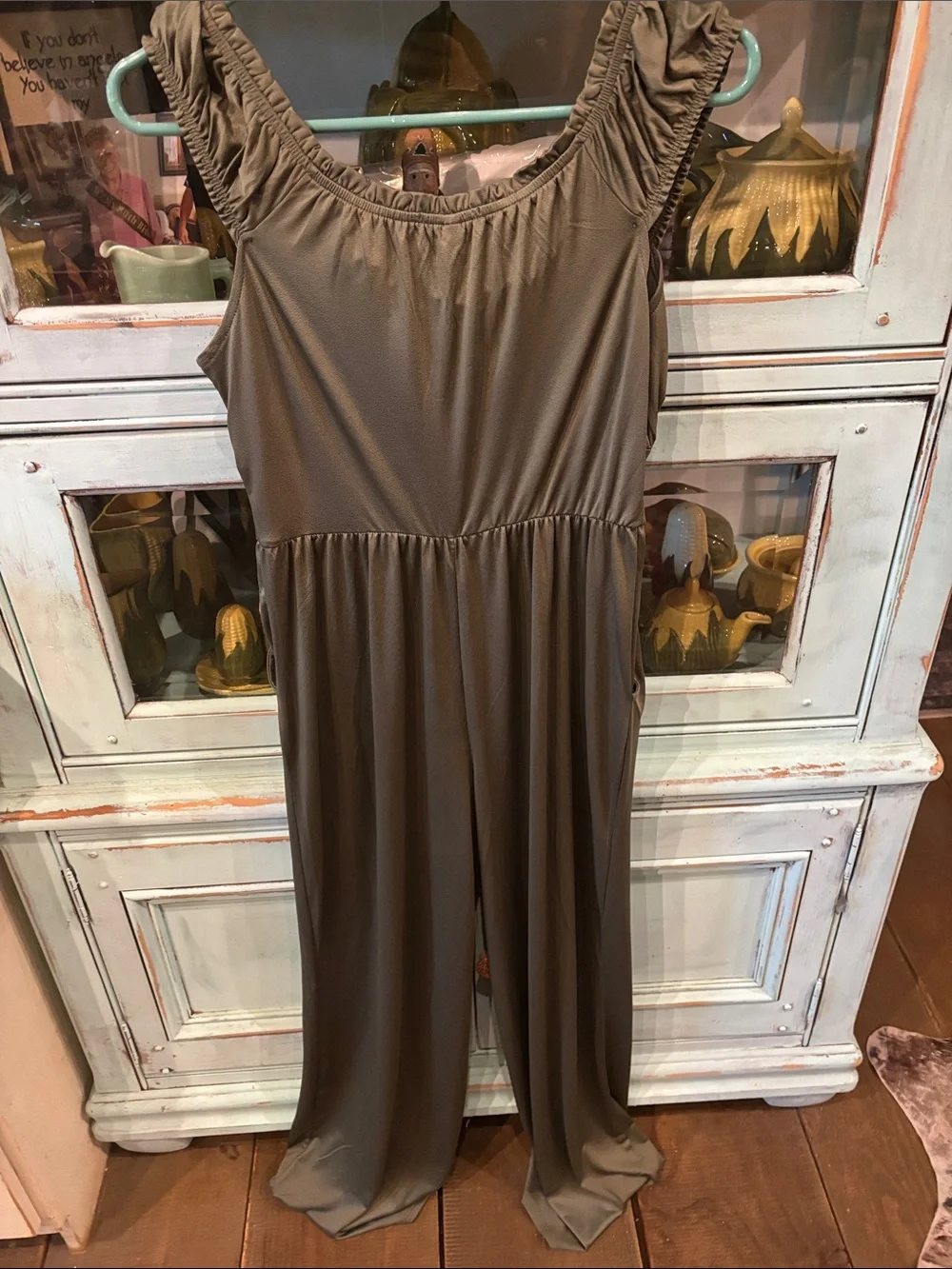 Derek Heart Olive Green Ruffled Strap Jumpsuit/ silk like material- like new
